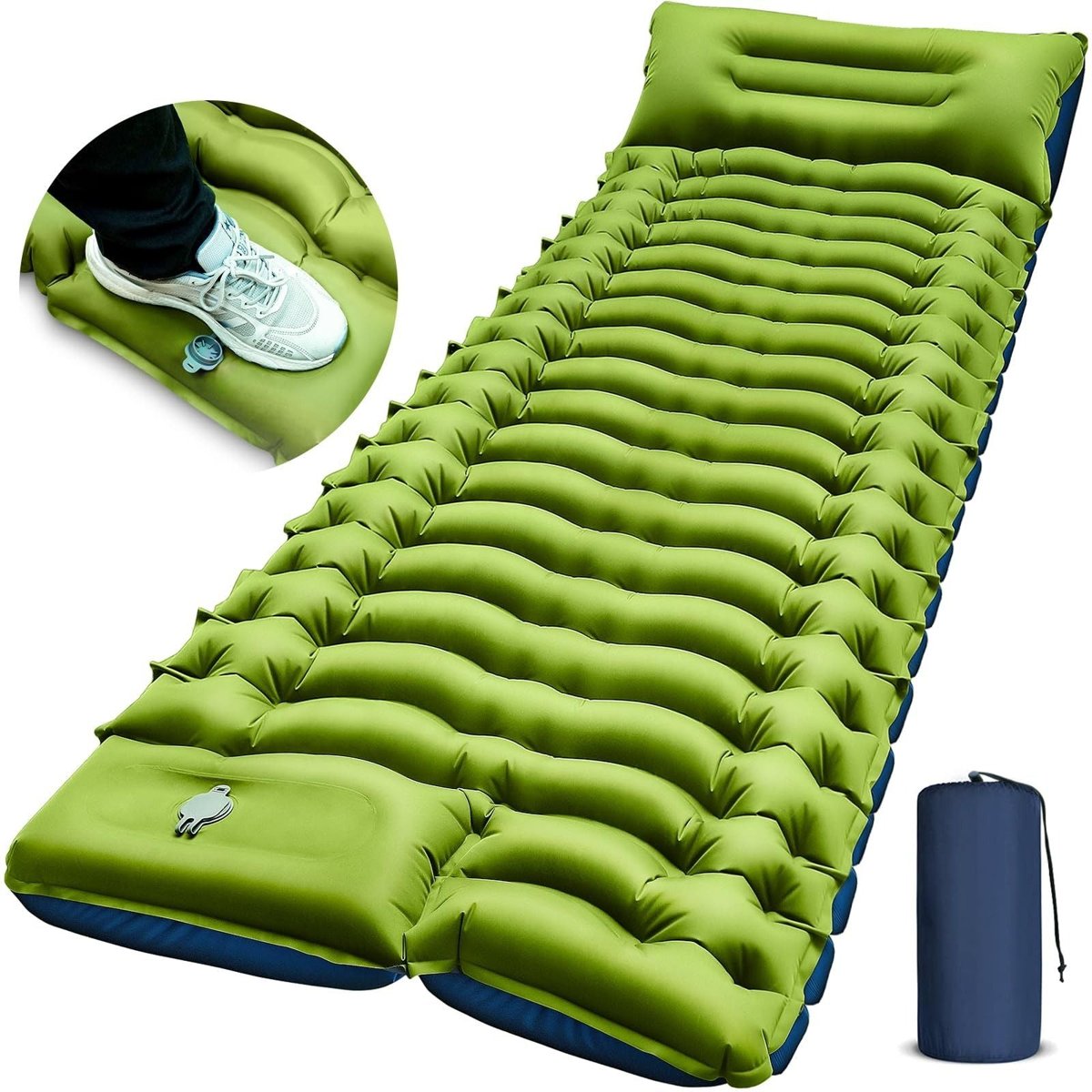 Single Inflatable Camping Mattress – Built-In Pillow + Foot Pump — green, sleeping pads