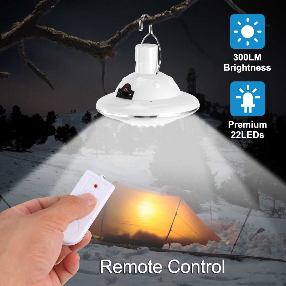 Solar hanging lamp illuminating tent at night with remote