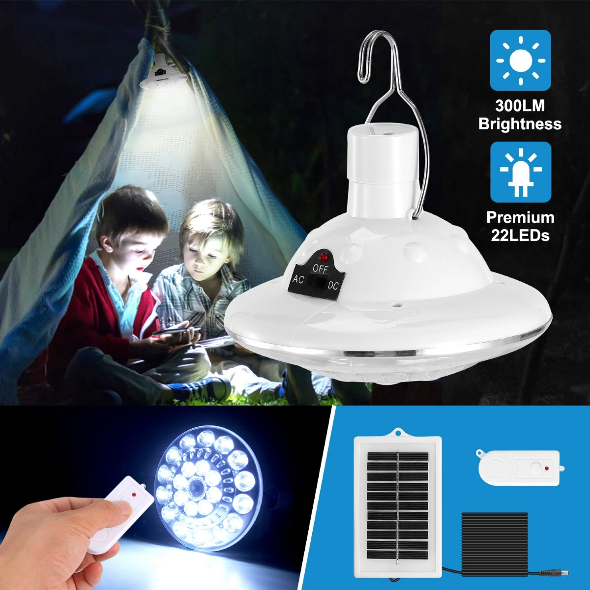 Solar LED light hanging above children reading outdoors