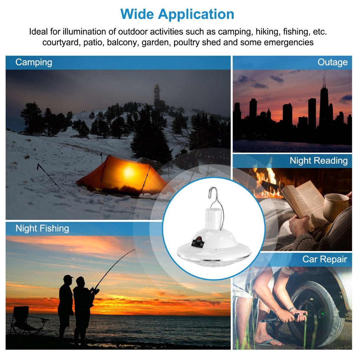 Solar LED light displayed with camping and emergency scenes