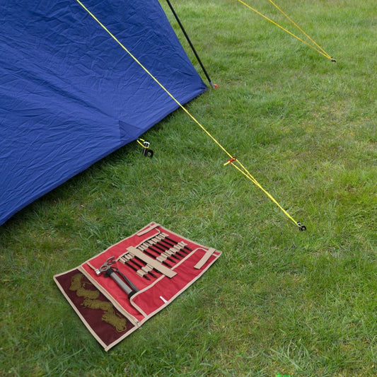 Tent guy lines staked into grass with reflective ropes during outdoor setup