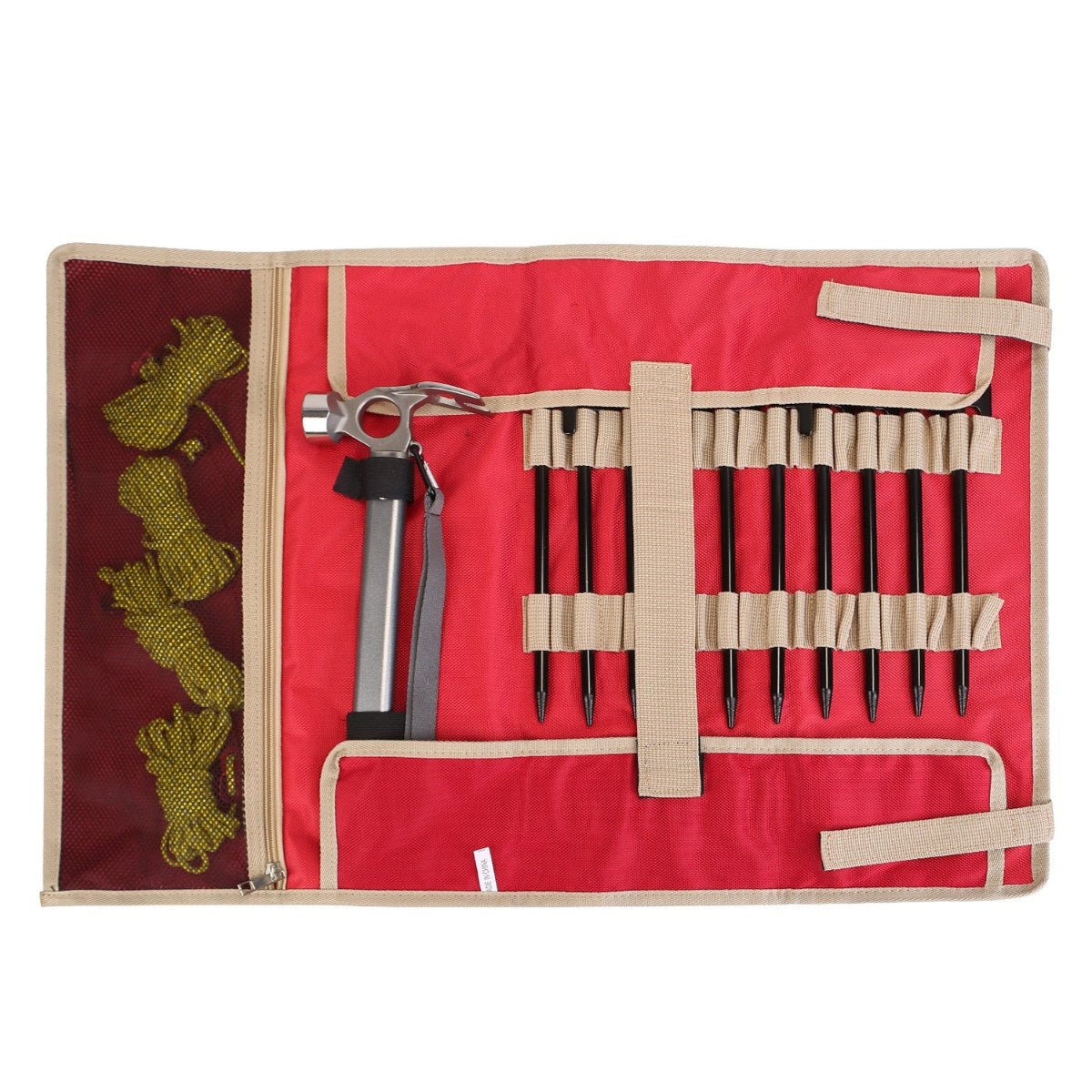 Open red roll-up storage case holding tent stakes, hammer, and ropes
