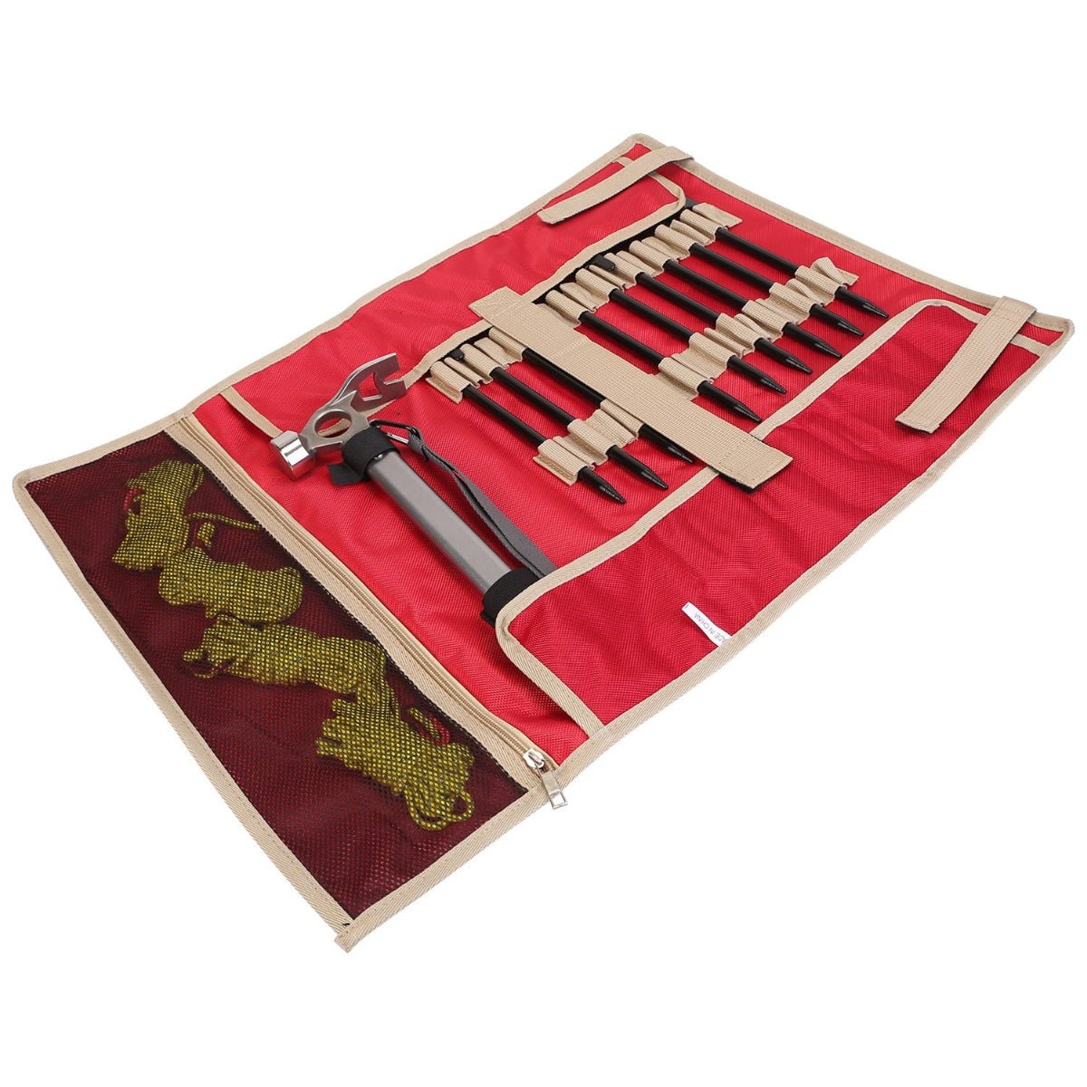 Complete tent stake kit arranged flat with tools and ropes visible