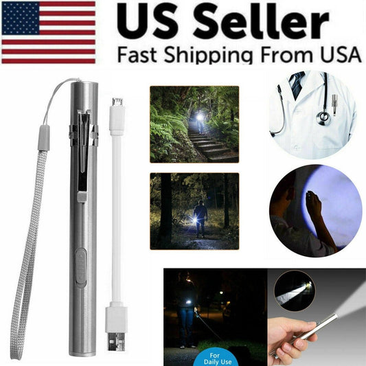 USB Rechargeable Stainless Steel Pen Flashlight (5 in) — flashlights, front view
