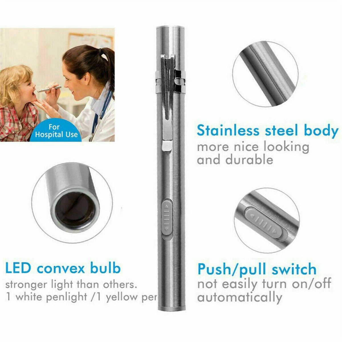 USB Rechargeable Stainless Steel Pen Flashlight (5 in) — flashlights, angled view