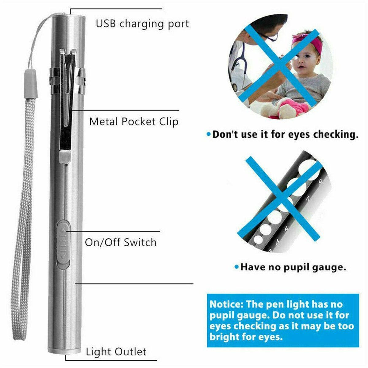 USB Rechargeable Stainless Steel Pen Flashlight (5 in) — flashlights, back view