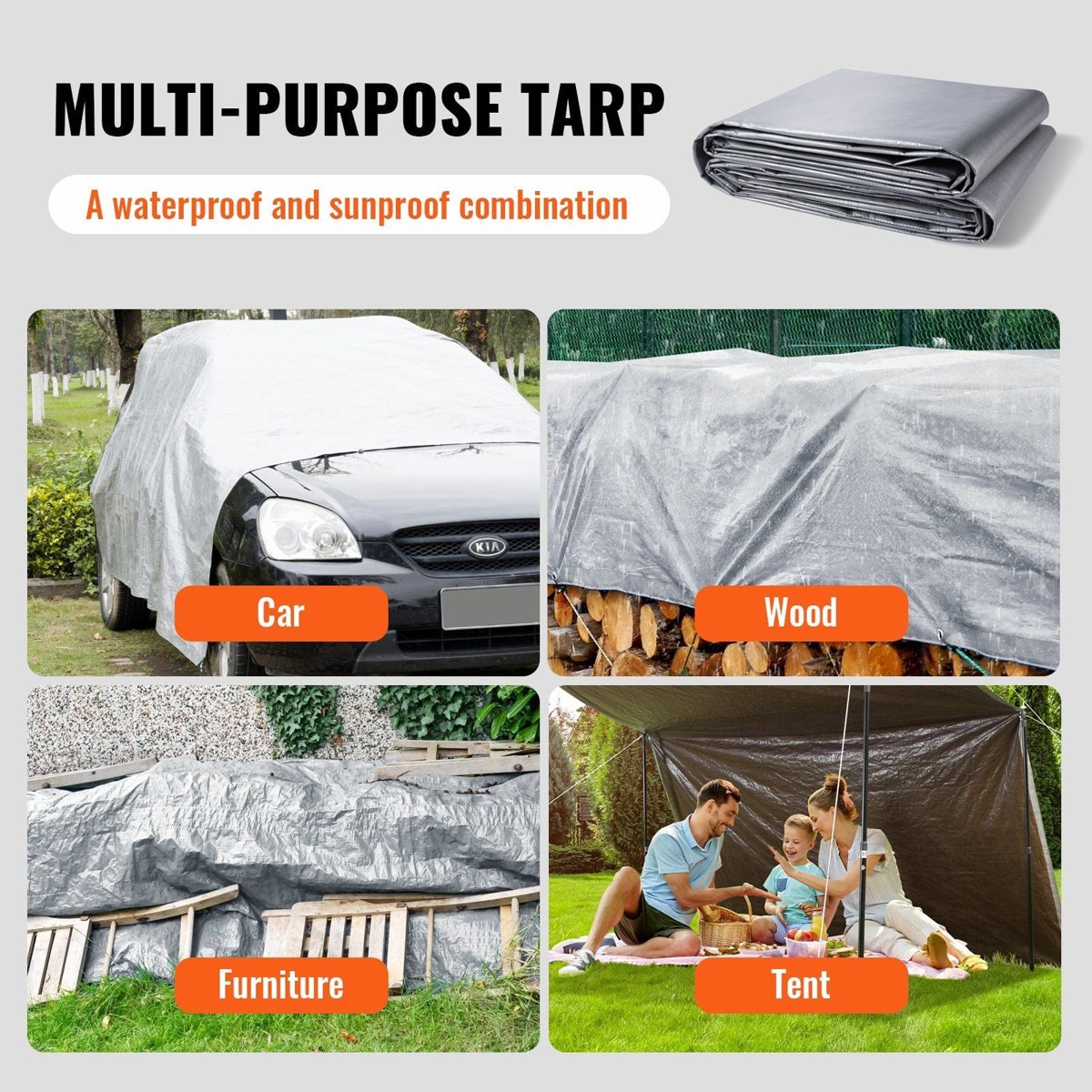VEVOR 10-Mil Waterproof Tarp - 20' x 30', UV-Resistant Poly w/ Metal Grommets — tarps, front view