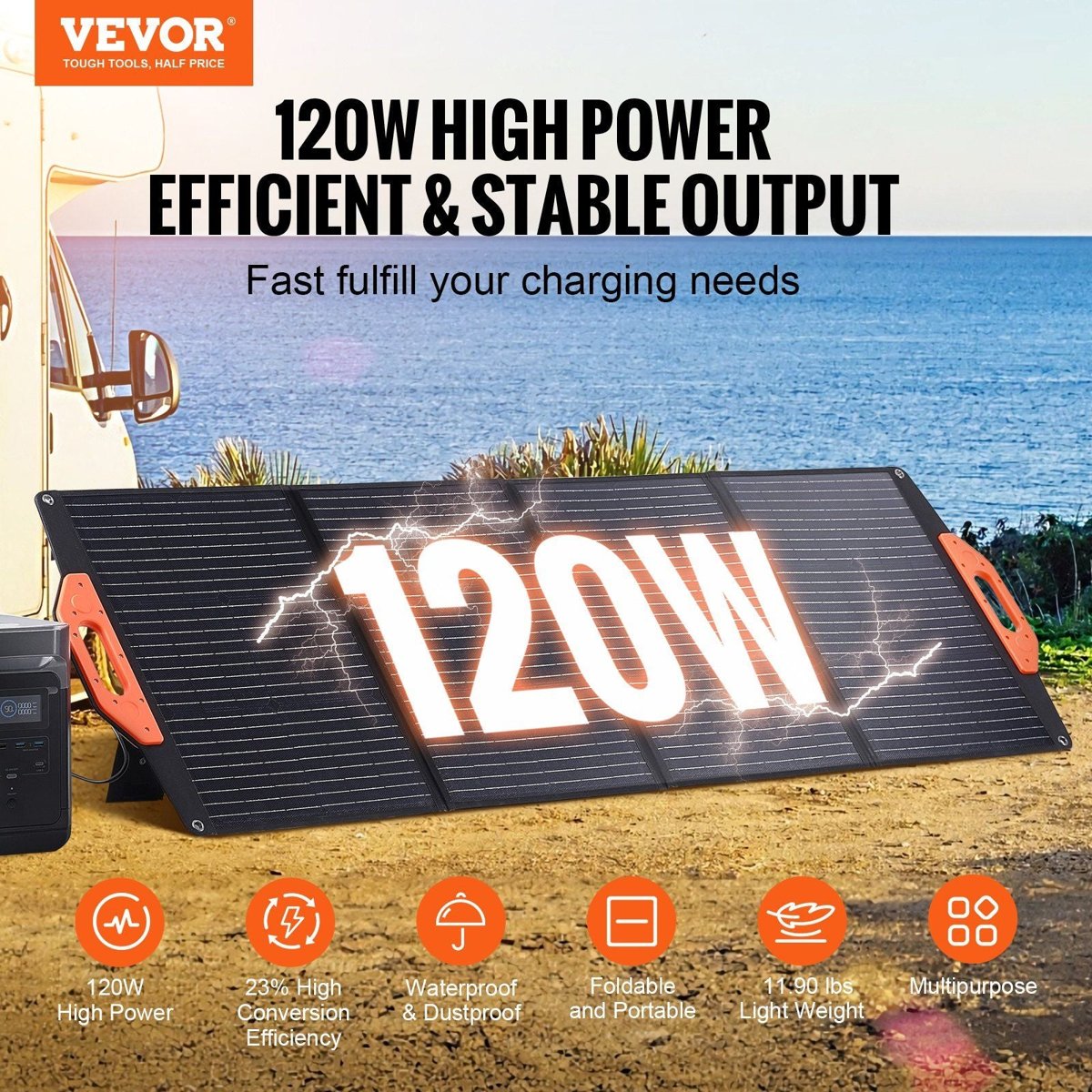 VEVOR 120W Foldable Monocrystalline Solar Panel - ETFE, IP67, USB QC3.0, Type-C & 18V DC — panels, front view