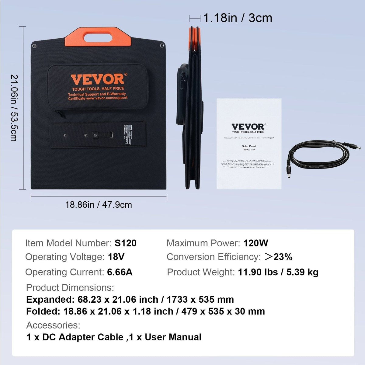 VEVOR 120W Foldable Monocrystalline Solar Panel - ETFE, IP67, USB QC3.0, Type-C & 18V DC — black, panels
