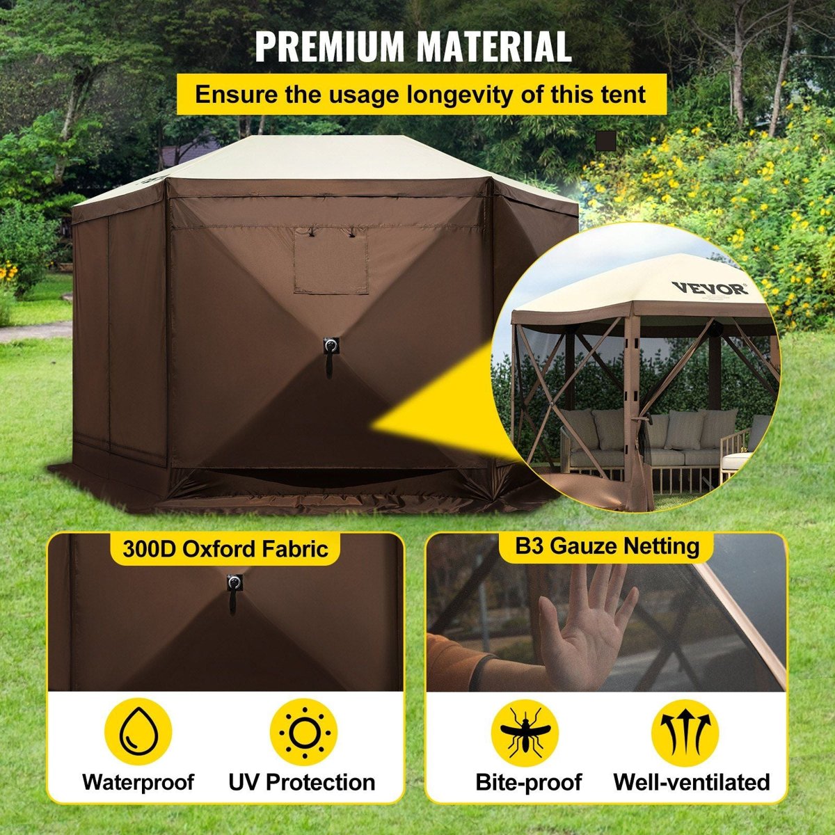 VEVOR 12'×12' Camping Gazebo Screen Tent - 6-Sided Pop-Up Shelter — gazebos, lifestyle