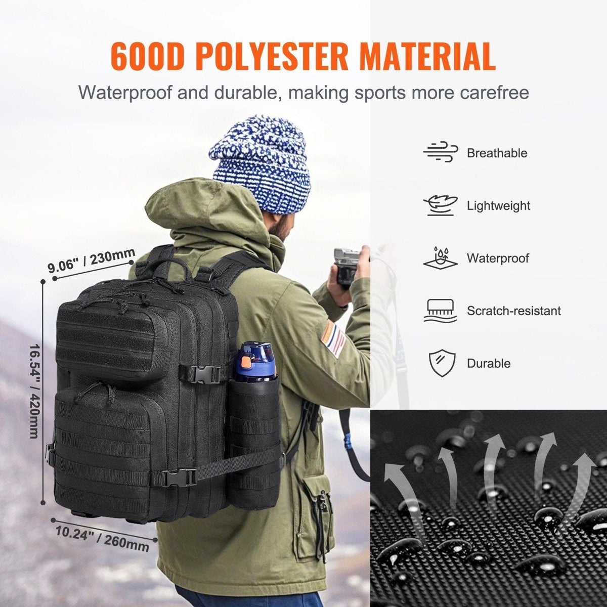 VEVOR 25L Tactical Backpack - MOLLE Daypack, Lightweight Waterproof Polyester — black, hiking backpacks, back view