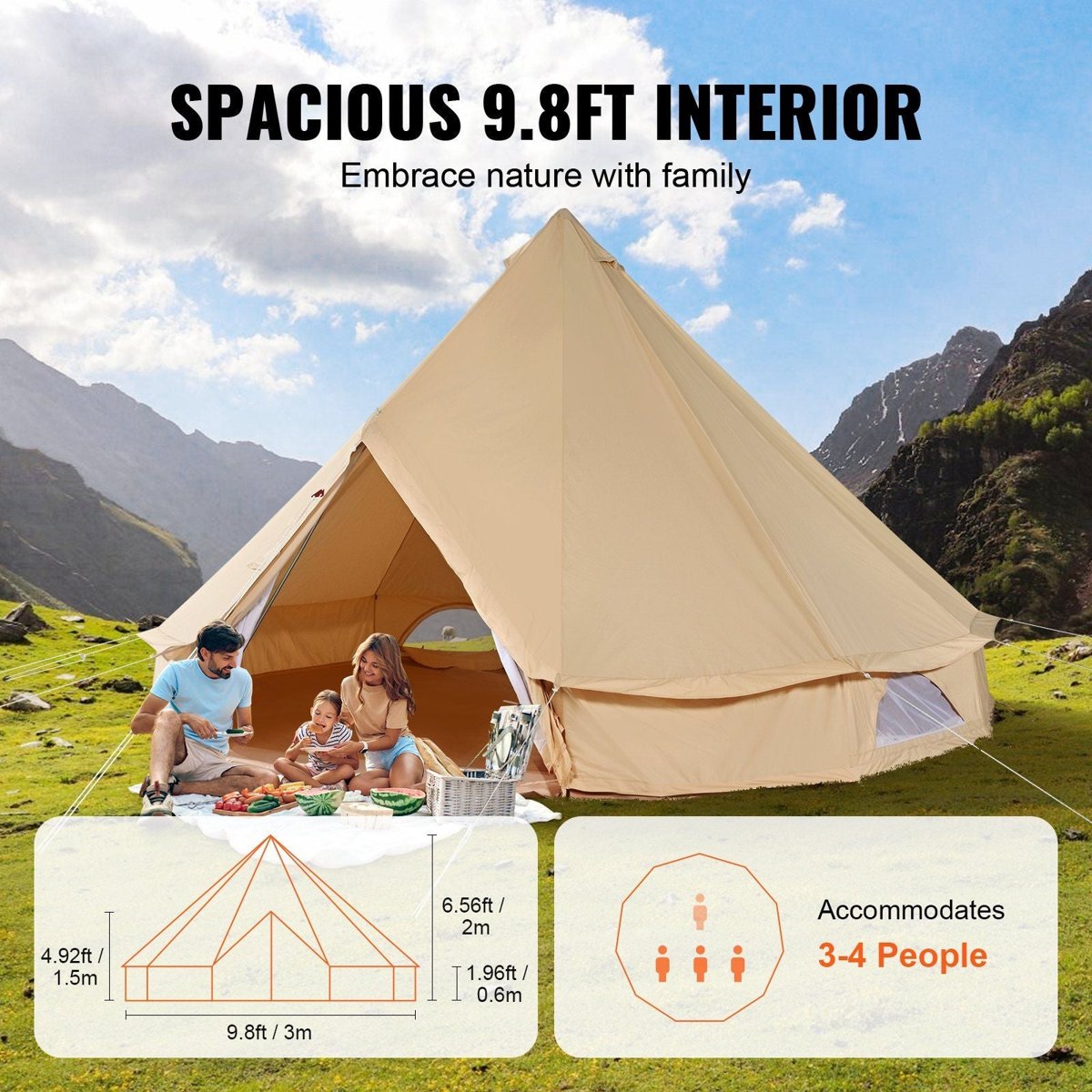 VEVOR 3m Canvas Bell Tent - TC Cotton, 5" Stove Jack, 4-Person — tents, detail