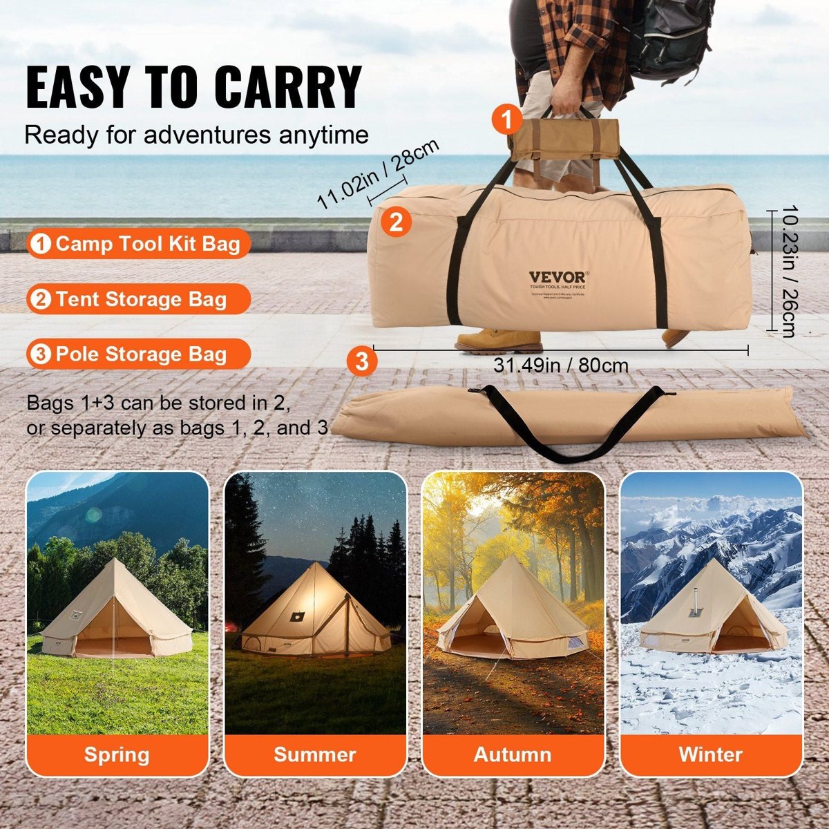 VEVOR 3m Canvas Bell Tent - TC Cotton, 5" Stove Jack, 4-Person — tents, angled view