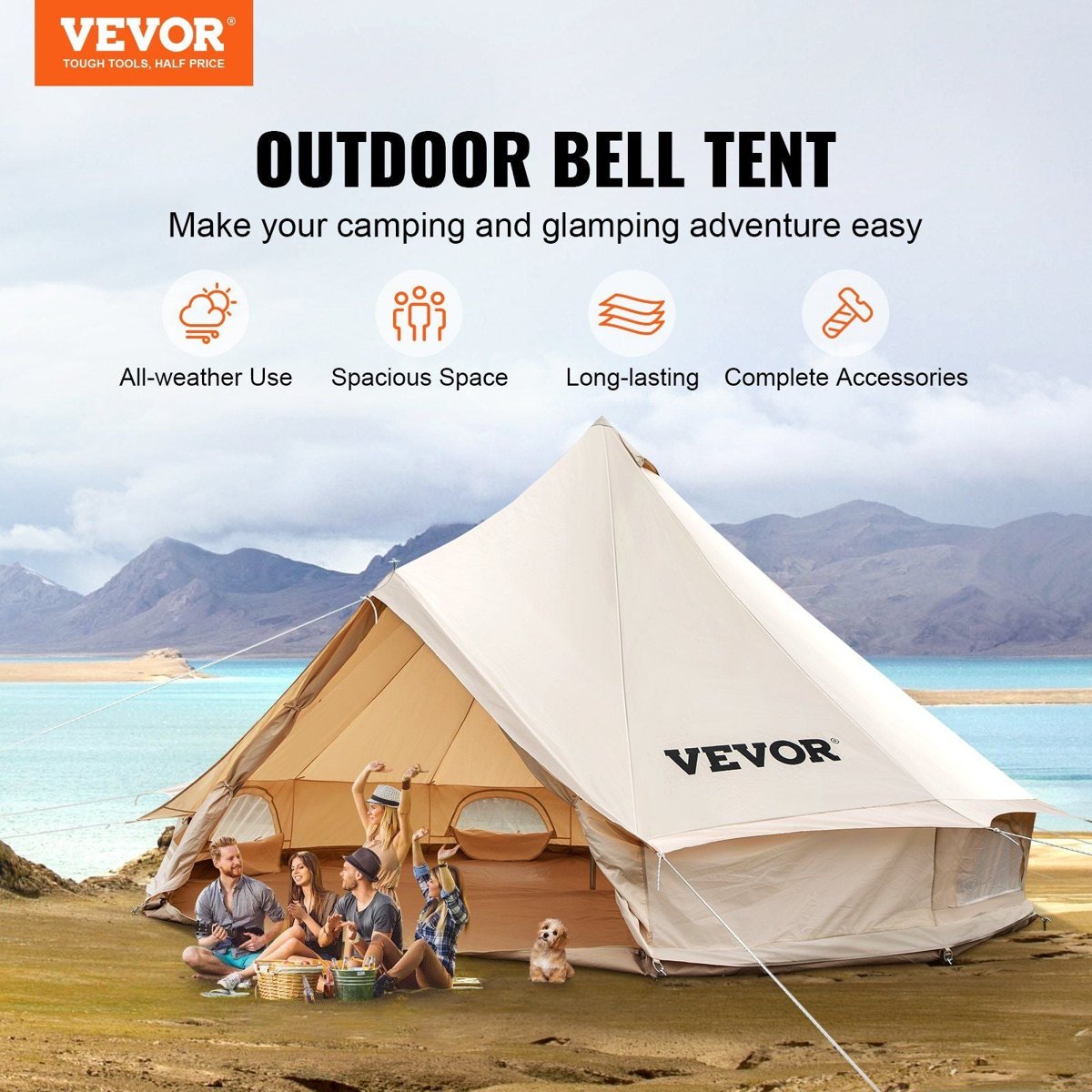 VEVOR 3m Cotton Canvas Bell Tent - 5" Stove Jack, Zip-Away Floor (3-5P) — tan, tents, front view
