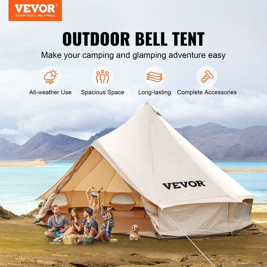 VEVOR 3m Cotton Canvas Bell Tent - 5" Stove Jack, Zip-Away Floor (3-5P) — tan, tents, front view
