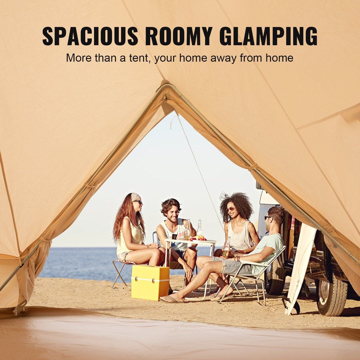 VEVOR 3m Cotton Canvas Bell Tent - 5" Stove Jack, Zip-Away Floor (3-5P) — tents, back view
