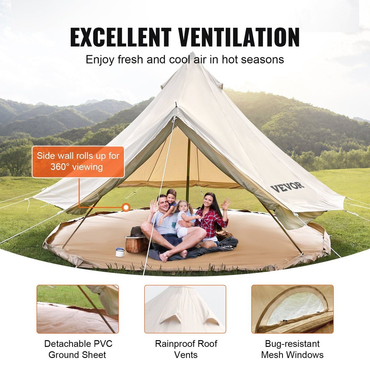 VEVOR 3m Cotton Canvas Bell Tent - 5" Stove Jack, Zip-Away Floor (3-5P) — tents, detail