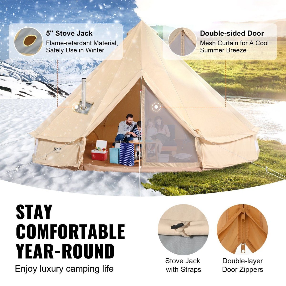 VEVOR 5m Canvas Bell Tent - TC Cotton, 5" Stove Jack, 8-Person — tents, back view