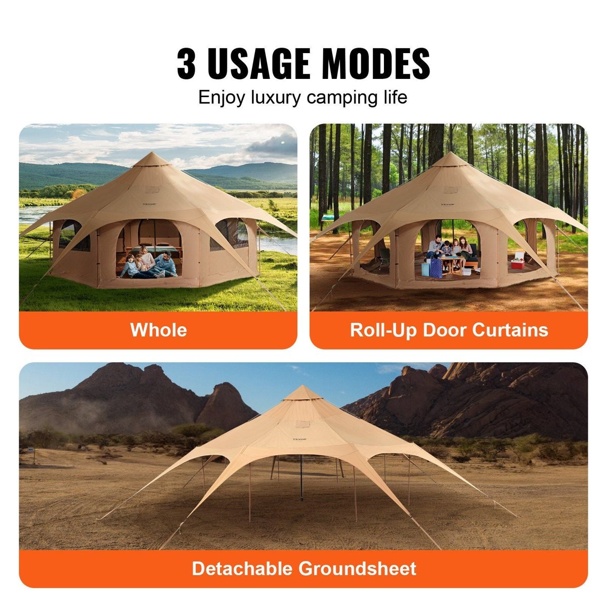 VEVOR 5M TC Canvas Bell Tent - 8-Person Yurt with Stove Jack & Oxford Floor — tents, back view