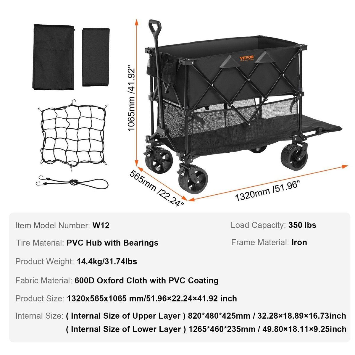 VEVOR Double Decker Collapsible Wagon – 400L Capacity, All-Terrain Wheels — black, camp furniture