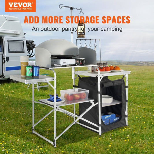 VEVOR Folding Camp Kitchen Station - Portable Cooking Table with Windscreen & Storage — silver, furniture, front view