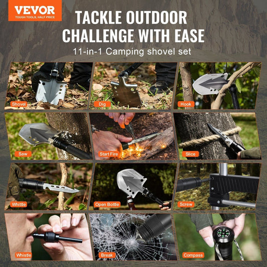 VEVOR Survival Folding Shovel Multitool - 30Cr13 Steel, Fire Starter — multi-color, camping tools, front view