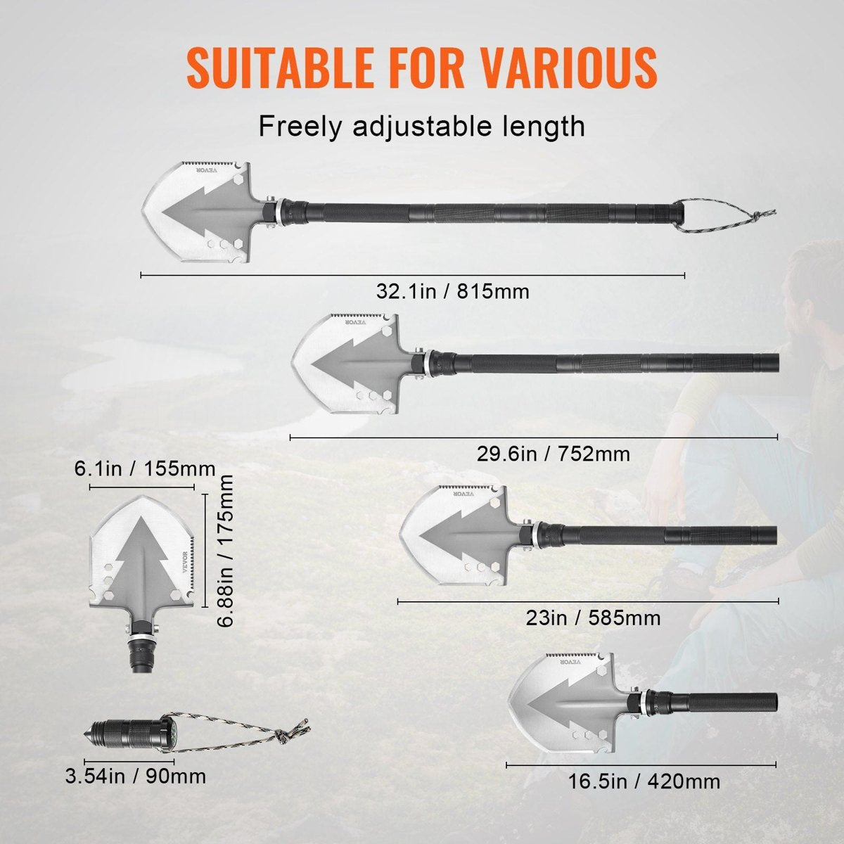 VEVOR Survival Folding Shovel Multitool - 30Cr13 Steel, Fire Starter — camping tools, back view