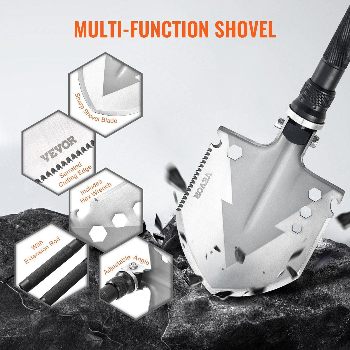 VEVOR Survival Folding Shovel Multitool - 30Cr13 Steel, Fire Starter — camping tools, detail