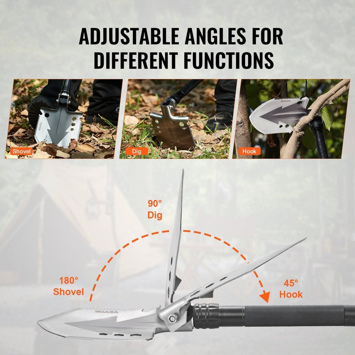VEVOR Survival Folding Shovel Multitool - 30Cr13 Steel, Fire Starter — camping tools, angled view