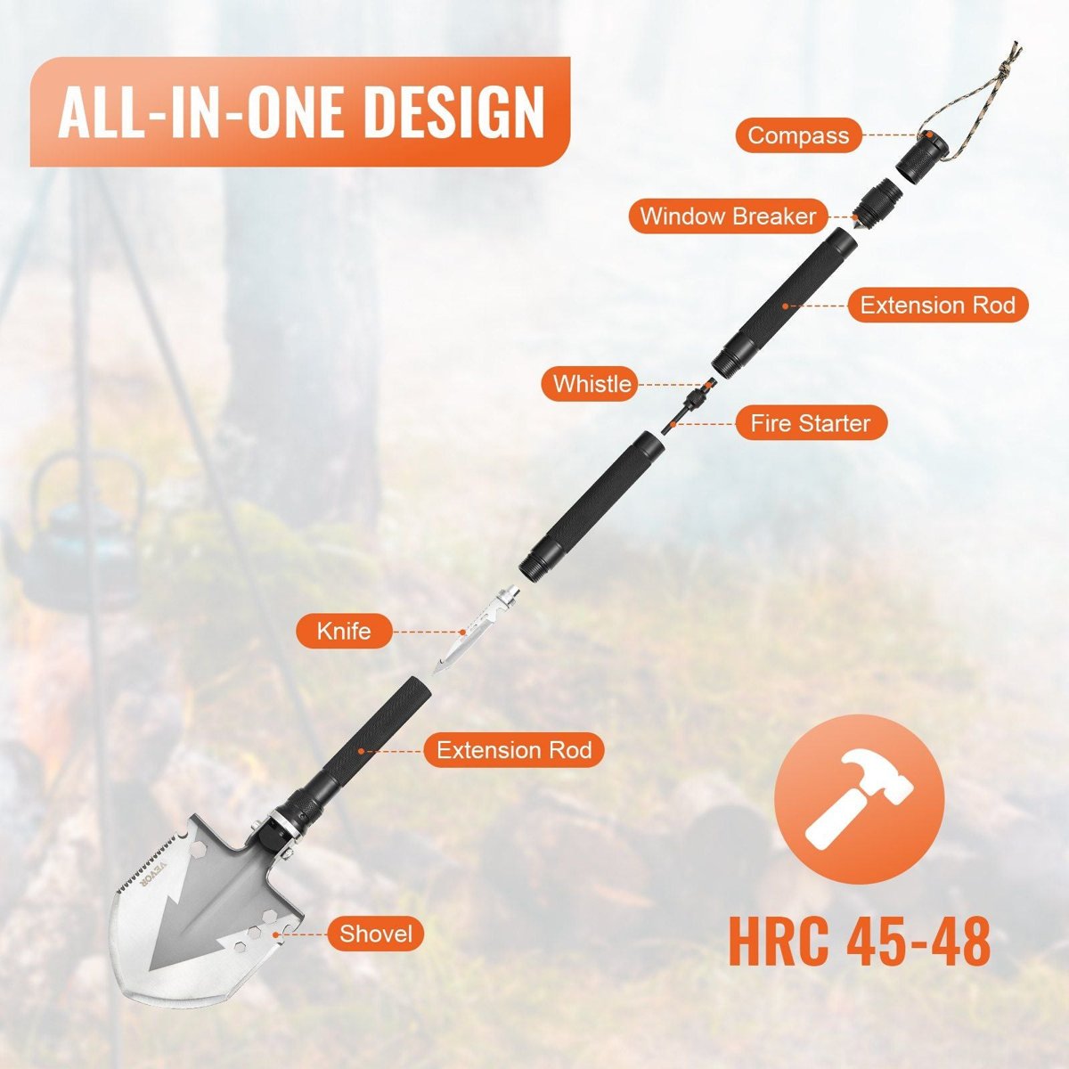 VEVOR Survival Folding Shovel Multitool - 30Cr13 Steel, Fire Starter — camping tools, lifestyle