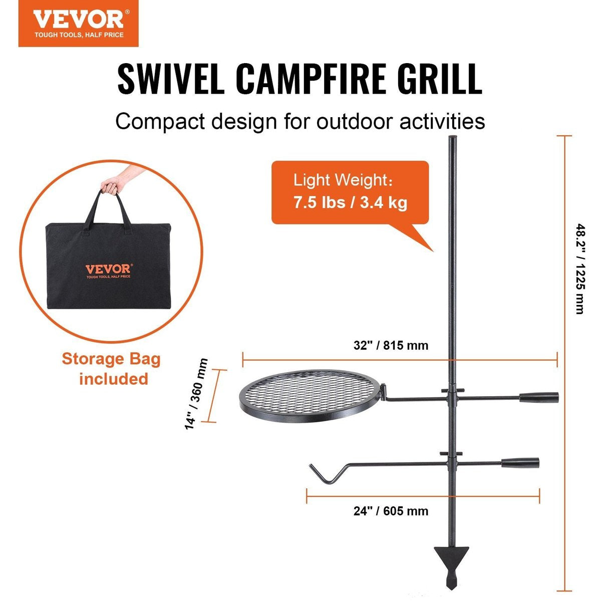 VEVOR Swivel Campfire Grill - 14" Grate, Height-Adjustable, Portable w/ Bag — camping cookware & dinnerware, back view