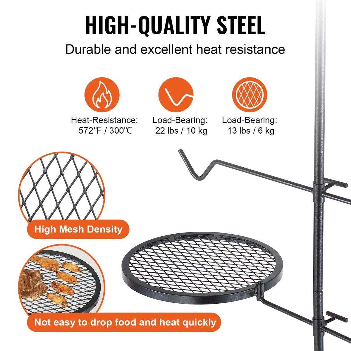 VEVOR Swivel Campfire Grill - 14" Grate, Height-Adjustable, Portable w/ Bag — camping cookware & dinnerware, detail