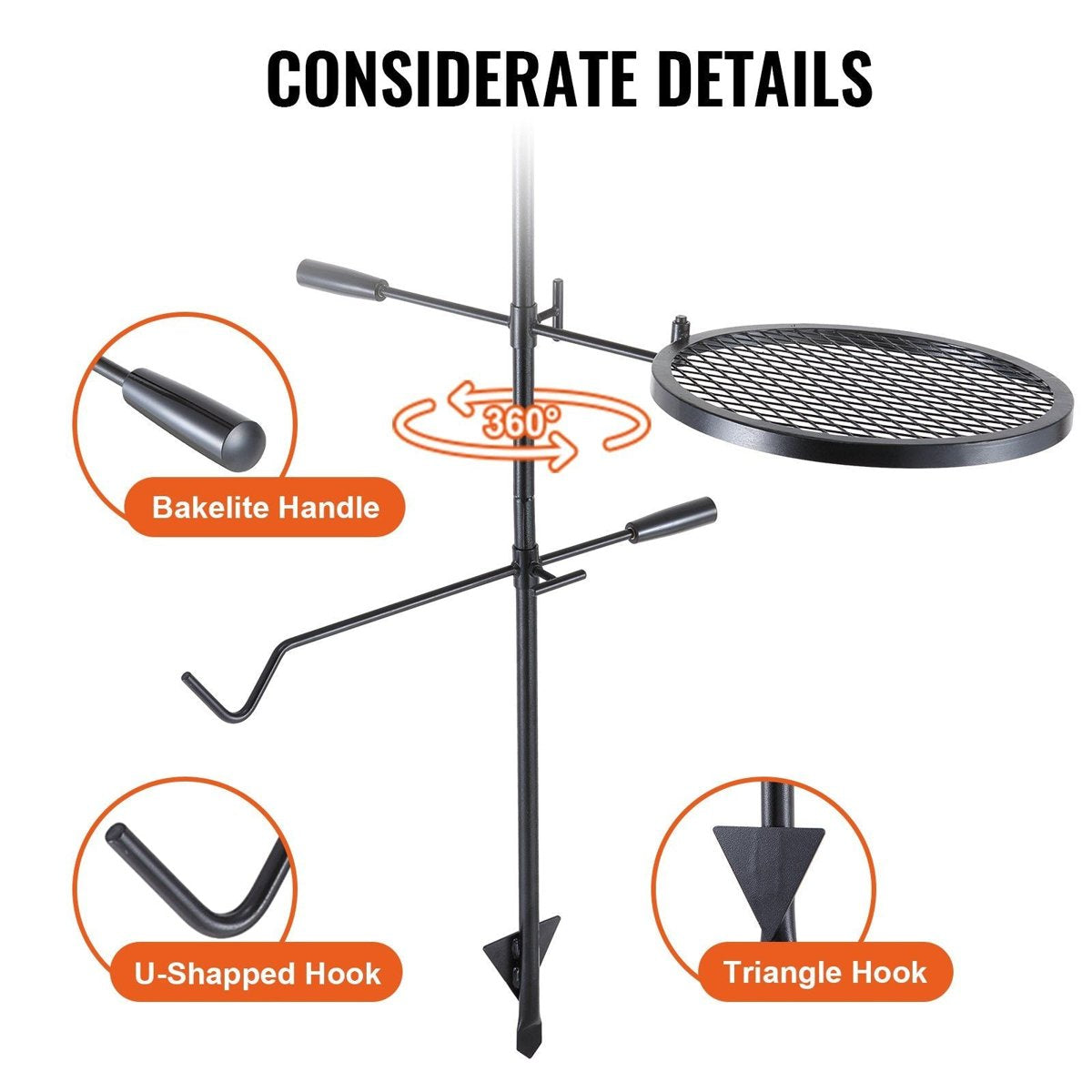 VEVOR Swivel Campfire Grill - 14" Grate, Height-Adjustable, Portable w/ Bag — camping cookware & dinnerware, lifestyle