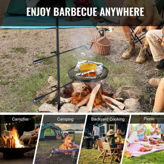 VEVOR Swivel Campfire Grill - 14" Grate, Height-Adjustable, Portable w/ Bag — camping cookware & dinnerware, angled view