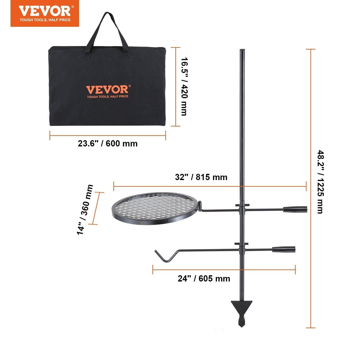 VEVOR Swivel Campfire Grill - 14" Grate, Height-Adjustable, Portable w/ Bag — camping cookware & dinnerware, view 7