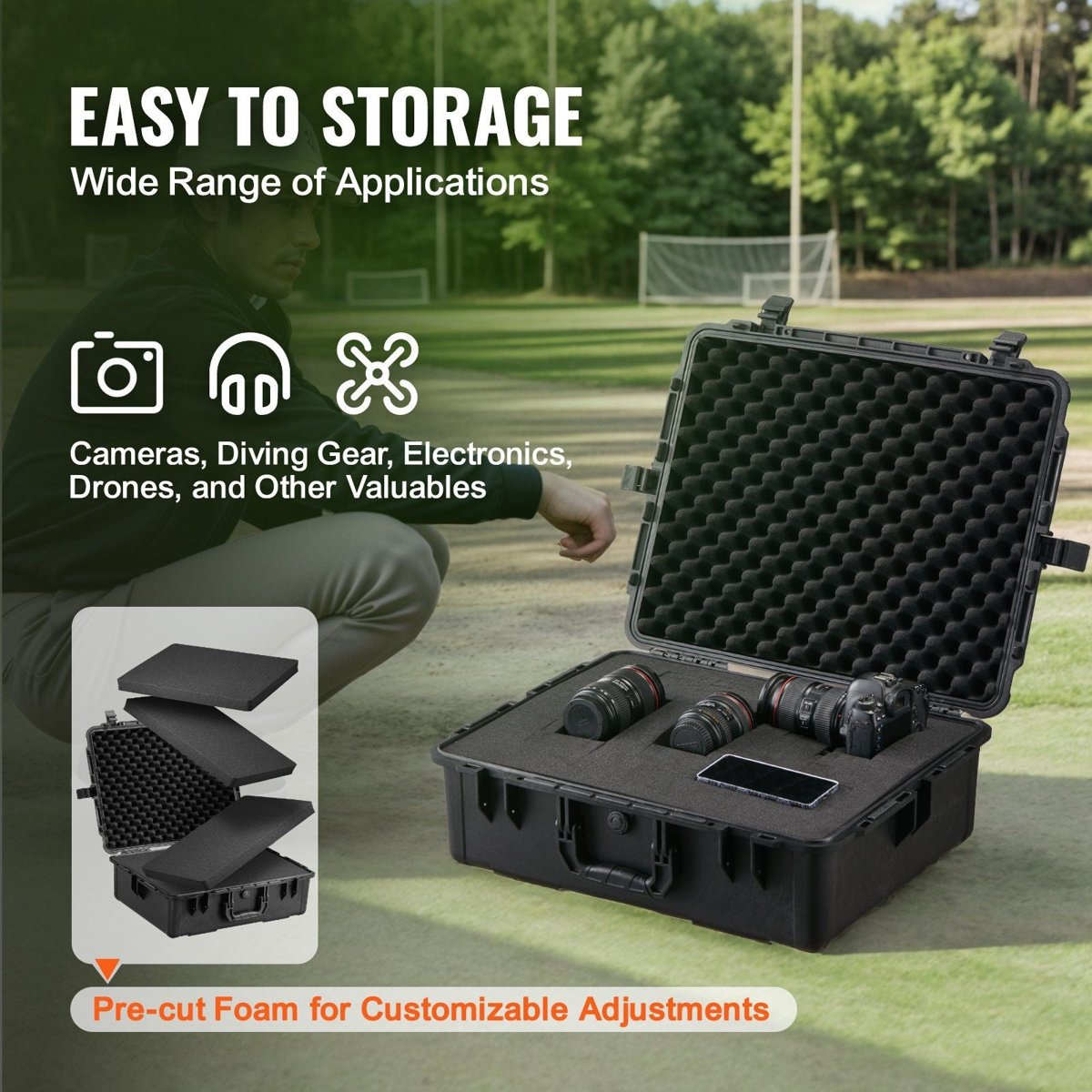 VEVOR Waterproof Hard Case - Wheeled, Pre-Cut Foam, Lockable (IPX67 Tested) — dry boxes, front view
