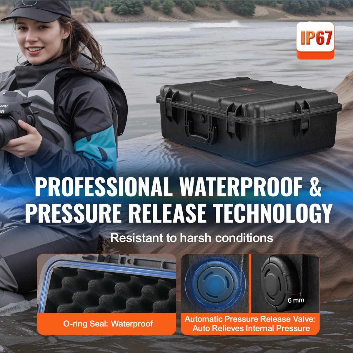 VEVOR Waterproof Hard Case - Wheeled, Pre-Cut Foam, Lockable (IPX67 Tested) — dry boxes, back view