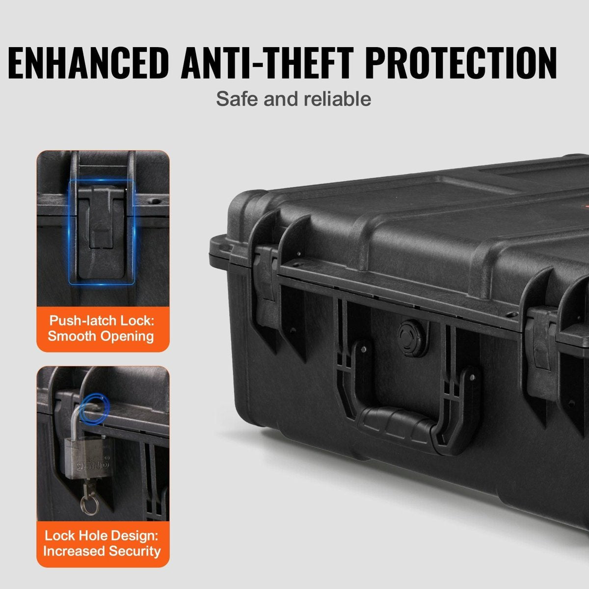 VEVOR Waterproof Hard Case - Wheeled, Pre-Cut Foam, Lockable (IPX67 Tested) — dry boxes, detail